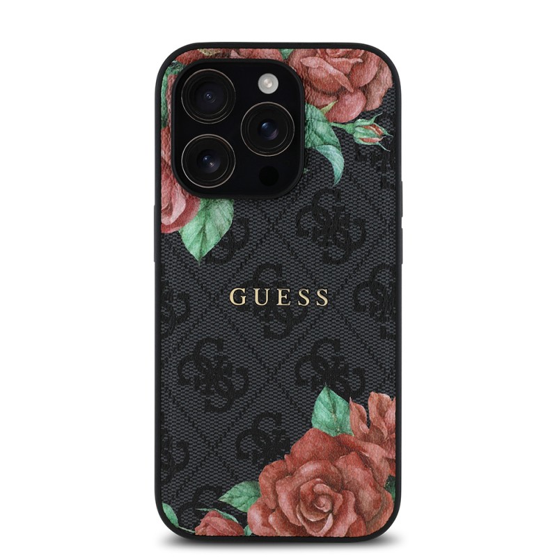 Bal-z Apple iPhone 14 Pro Kılıf Guess Orjinal Lisanslı M-safe Şarj Özellikli Gül Baskılı 4G Desenli Yazı Logolu Kapak