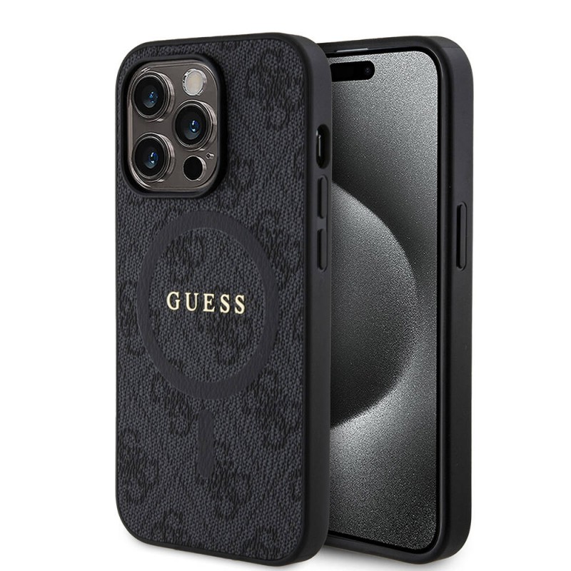 Bal-z Apple iPhone 14 Pro Kılıf Guess Orjinal Lisanslı M-safe Şarj Özellikli PU Halkalı 4G Desenli Yazı Logolu Kapak