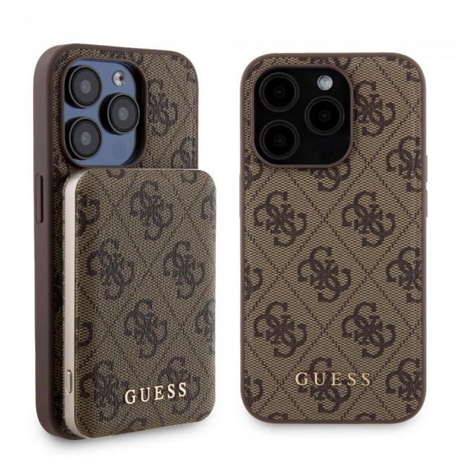 Apple iPhone 14 Pro Kılıf Guess Orjinal Lisanslı Magsafe Şarj Özellikli Yazı Logolu 4G Desenli Kapak + Powerbank 5000mAh 2in1 Set