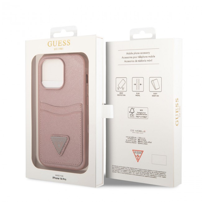 Apple iPhone 14 Pro Kılıf GUESS PU Safran Deri Kartlıklı Dizayn Kapak