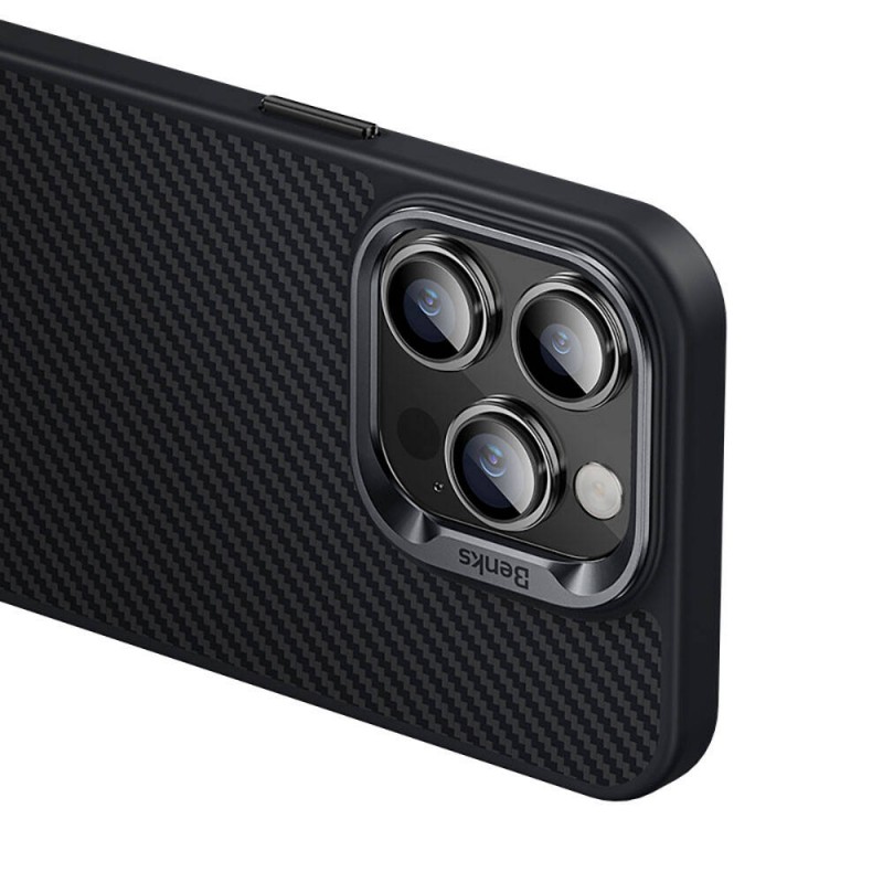 Bal-z Apple iPhone 14 Pro Kılıf Karbon Fiber M-safe Şarj Özellikli Benks Hybrid ArmorPro 600D Kevlar Kapak