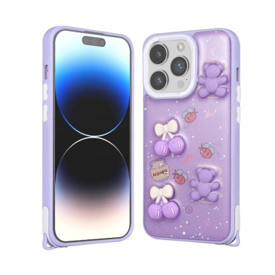 Bal-z Apple iPhone 14 Pro Kılıf Parlayan Simli Kabartma Figürlü  Cevze Kapak