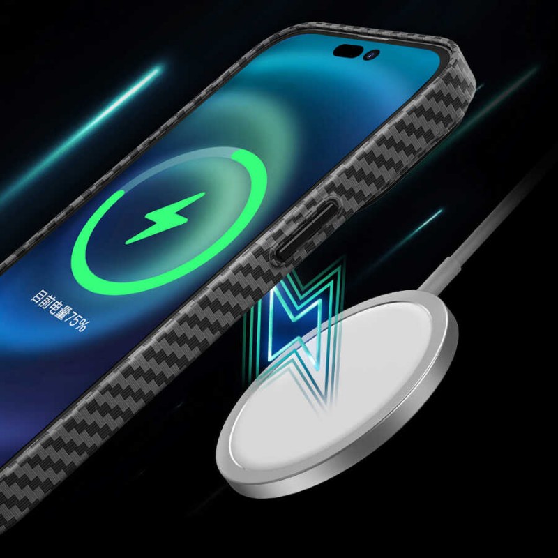 Bal-z Apple iPhone 14 Pro Kılıf ​​​​​Wiwu Karbon Fiber Görünümlü M-safe Wireless Şarj Özellikli Kabon Kapak