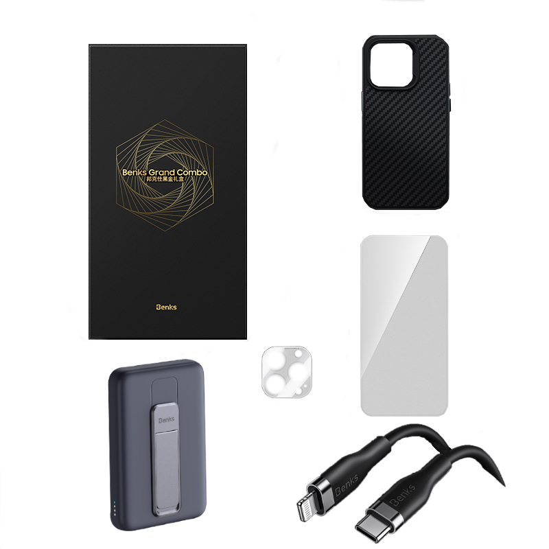 Bal-z Apple iPhone 14 Pro Max Benks Grand Combo New 5in1 Aksesuar Seti Kılıf-Ekran Koruyucu-Lens Koruyucu-Kablo-Powerbank