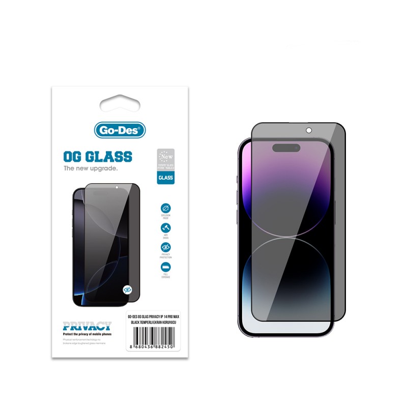 Bal-z Apple iPhone 14 Pro Max Go Des OG Glass Privacy Antistatik Temperli Cam Ekran Koruyucu