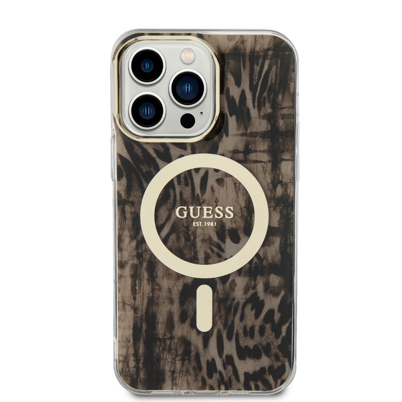 Bal-z Apple iPhone 14 Pro Max Kılıf GUESS M-safe Şarj Özellikli Leopar Desenli Kapak