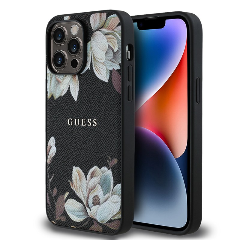Bal-z Apple iPhone 14 Pro Max Kılıf Guess Orjinal Lisanslı M-safe Şarj Özellikli Taneli Çiçek Tasarımlı Metal Yazı Logolu Kapak