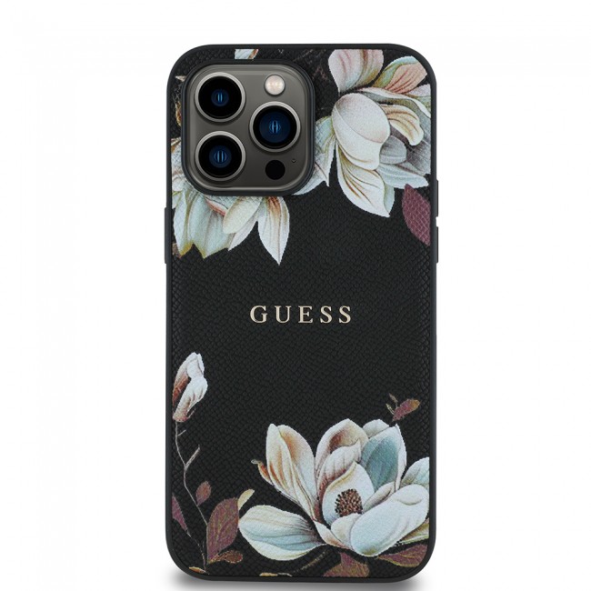 Apple iPhone 14 Pro Max Kılıf Guess Orjinal Lisanslı M-safe Şarj Özellikli Taneli Çiçek Tasarımlı Metal Yazı Logolu Kapak Apple iPhone 14 Pro Max Kılıf Guess Orjinal Lisanslı M-safe Şarj Özellikli Taneli Çiçek Tasarımlı Metal Yazı Logolu Kapak