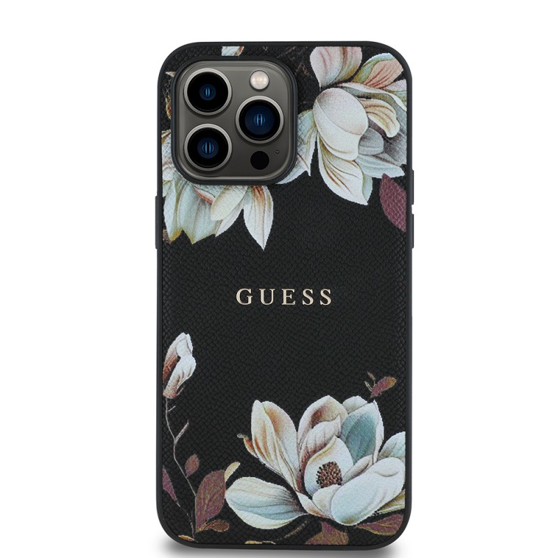 Bal-z Apple iPhone 14 Pro Max Kılıf Guess Orjinal Lisanslı M-safe Şarj Özellikli Taneli Çiçek Tasarımlı Metal Yazı Logolu Kapak