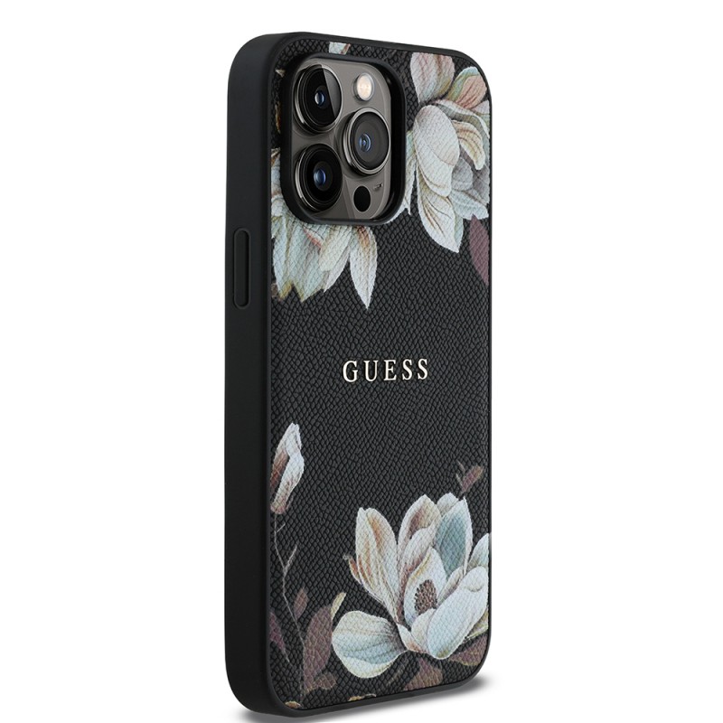 Bal-z Apple iPhone 14 Pro Max Kılıf Guess Orjinal Lisanslı M-safe Şarj Özellikli Taneli Çiçek Tasarımlı Metal Yazı Logolu Kapak