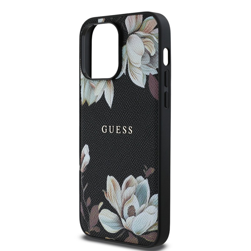 Bal-z Apple iPhone 14 Pro Max Kılıf Guess Orjinal Lisanslı M-safe Şarj Özellikli Taneli Çiçek Tasarımlı Metal Yazı Logolu Kapak