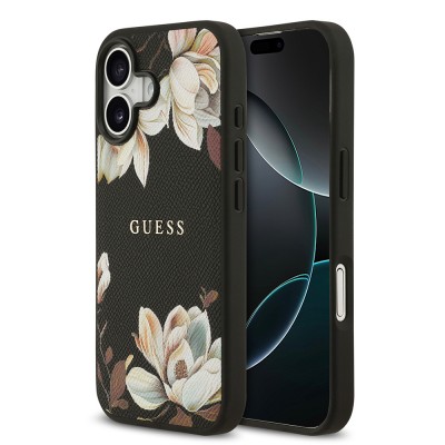 Bal-z Apple iPhone 17 Kılıf Guess Orjinal Lisanslı M-safe Şarj Özellikli Taneli Çiçek Tasarımlı Metal Yazı Logolu Kapak