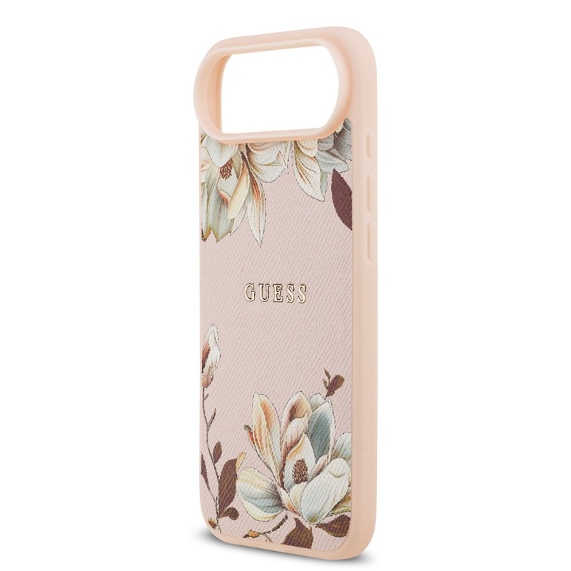 Bal-z Apple iPhone 17 Air Kılıf Guess Orjinal Lisanslı M-safe Şarj Özellikli Taneli Çiçek Tasarımlı Metal Yazı Logolu Kapak