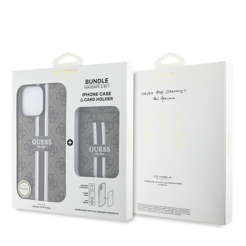 Bal-z Apple iPhone 14 Pro Max Kılıf Guess Orjinal Lisanslı M-safe Şarj Özellikli 4G Desenli Çizgili Kartlıklı Kapak