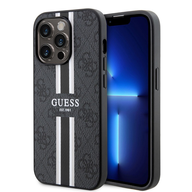 Bal-z Apple iPhone 14 Pro Max Kılıf Guess Orjinal Lisanslı M-safe Şarj Özellikli 4G Şerit Tasarımlı Printed Kapak