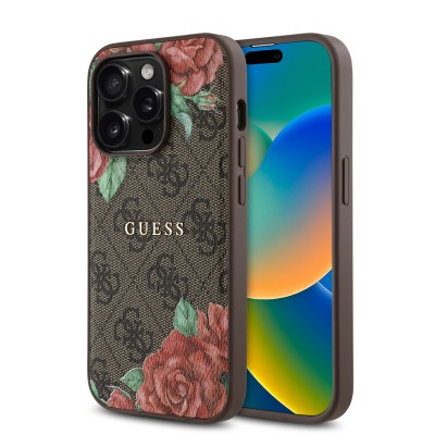 Bal-z Apple iPhone 14 Pro Max Kılıf Guess Orjinal Lisanslı M-safe Şarj Özellikli Gül Baskılı 4G Desenli Yazı Logolu Kapak