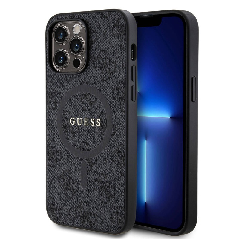 Bal-z Apple iPhone 14 Pro Max Kılıf Guess Orjinal Lisanslı M-safe Şarj Özellikli PU Halkalı 4G Desenli Yazı Logolu Kapak