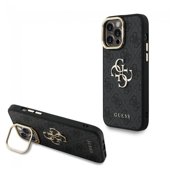 Apple iPhone 14 Pro Max Kılıf Guess Orjinal Lisanslı PU Deri 4G Desenli Metal Büyük 4G ve Yazı Logolu Kamera Standlı Kapak