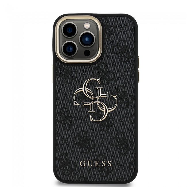 Apple iPhone 14 Pro Max Kılıf Guess Orjinal Lisanslı PU Deri 4G Desenli Metal Büyük 4G ve Yazı Logolu Kamera Standlı Kapak