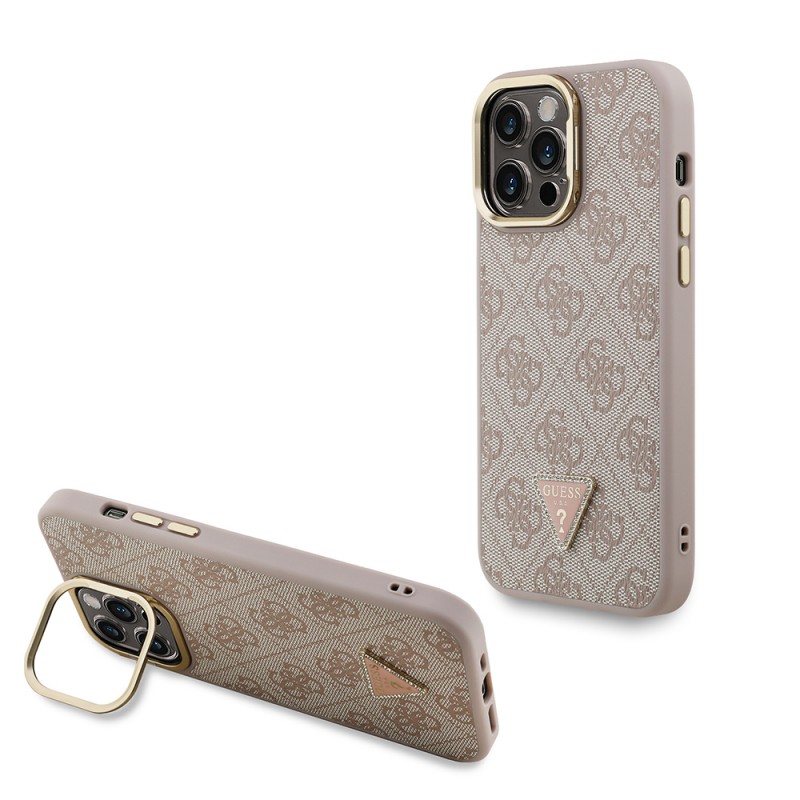 Bal-z Apple iPhone 14 Pro Max Kılıf Guess Orjinal Lisanslı PU Deri Taşlı Üçgen Logo 4G Desenli Kamera Standlı Kapak