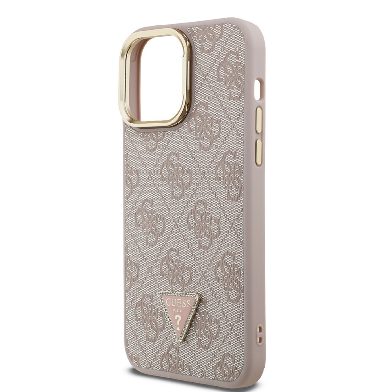 Bal-z Apple iPhone 14 Pro Max Kılıf Guess Orjinal Lisanslı PU Deri Taşlı Üçgen Logo 4G Desenli Kamera Standlı Kapak