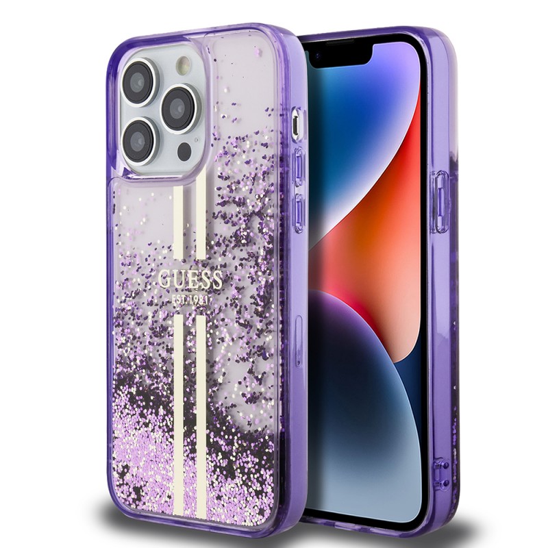 Bal-z Apple iPhone 14 Pro Max Kılıf Guess Orjinal Lisanslı Transparan Sıvılı Simli Altın Çizgili Kapak