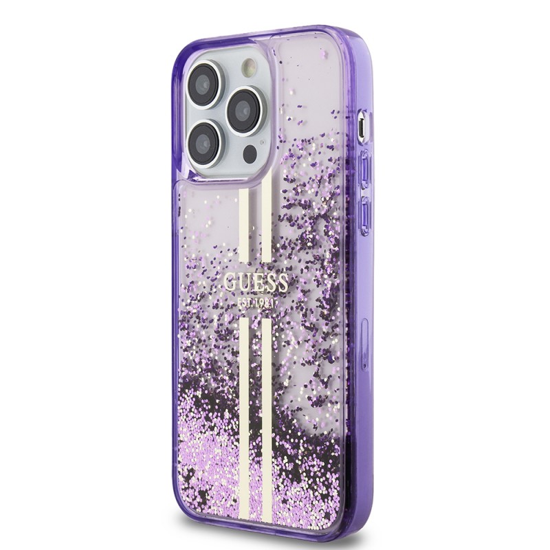 Bal-z Apple iPhone 14 Pro Max Kılıf Guess Orjinal Lisanslı Transparan Sıvılı Simli Altın Çizgili Kapak