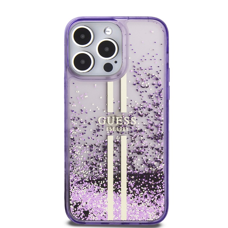 Bal-z Apple iPhone 14 Pro Max Kılıf Guess Orjinal Lisanslı Transparan Sıvılı Simli Altın Çizgili Kapak