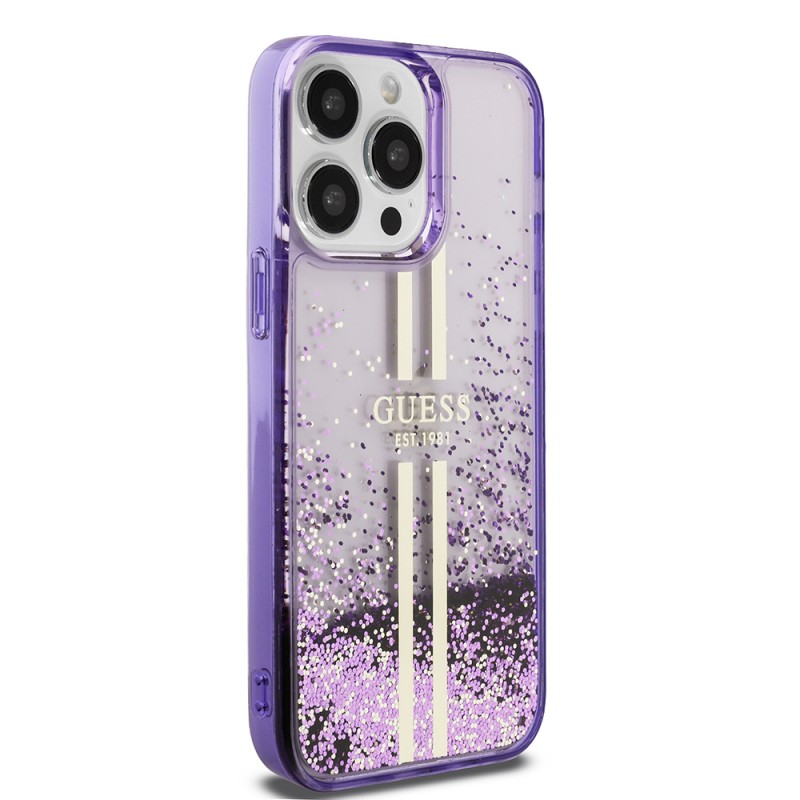 Bal-z Apple iPhone 14 Pro Max Kılıf Guess Orjinal Lisanslı Transparan Sıvılı Simli Altın Çizgili Kapak