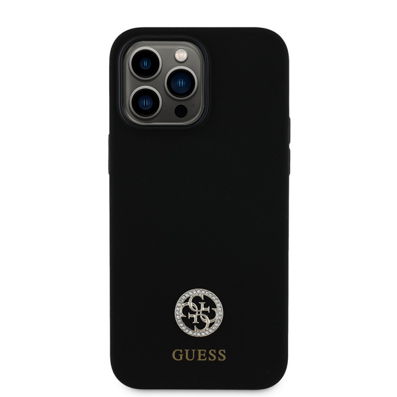 Bal-z Apple iPhone 14 Pro Max Kılıf Guess Orjinal Lisanslı Yazı ve Taşlı 4G Logolu Silikon Kapak