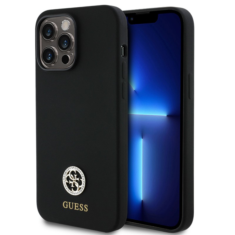 Bal-z Apple iPhone 14 Pro Max Kılıf Guess Orjinal Lisanslı Yazı ve Taşlı 4G Logolu Silikon Kapak