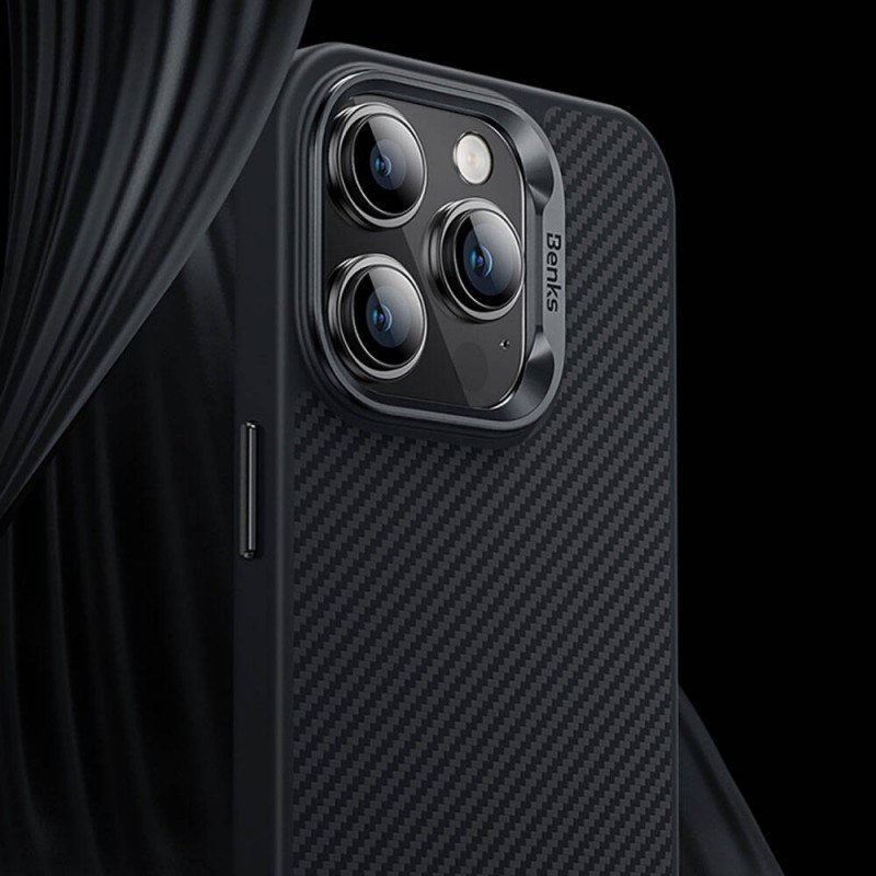 Bal-z Apple iPhone 14 Pro Max Kılıf Karbon Fiber M-safe Şarj Özellikli Benks Hybrid ArmorPro 600D Kevlar Kapak