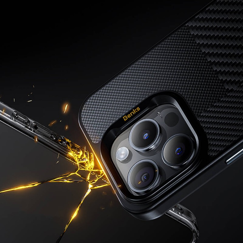 Bal-z Apple iPhone 14 Pro Max Kılıf M-safe Şarj Özellikli Karbon Fiber Benks Montage Hybrid ArmorPro Kevlar Kapak