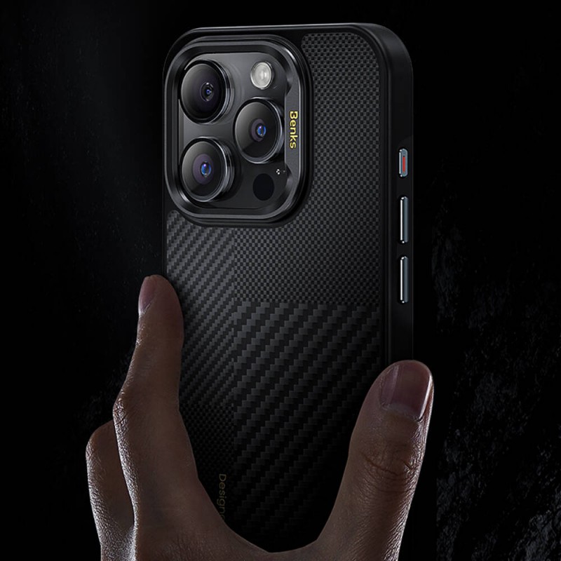 Bal-z Apple iPhone 14 Pro Max Kılıf M-safe Şarj Özellikli Karbon Fiber Benks Montage Hybrid ArmorPro Kevlar Kapak