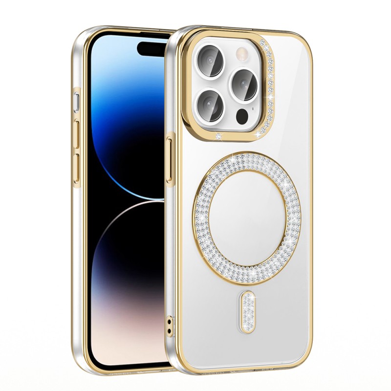 Bal-z Apple iPhone 14 Pro Max Kılıf Pırlanta Taş Tasarımlı M-safe Şarj Özellikli Zore Karetta Silikon Kapak