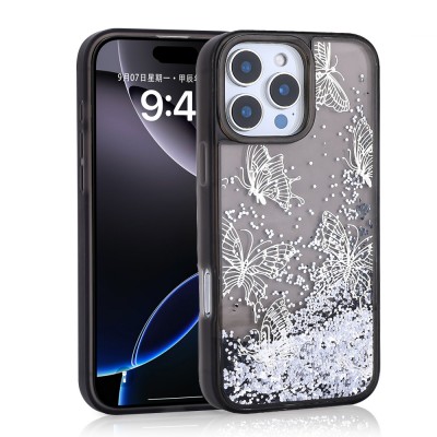 Bal-z Apple iPhone 14 Pro Max Kılıf Sıvılı Simli Kelebek Baskılı Şeffaf Arka Yüzey Zore Glis Silikon Kapak