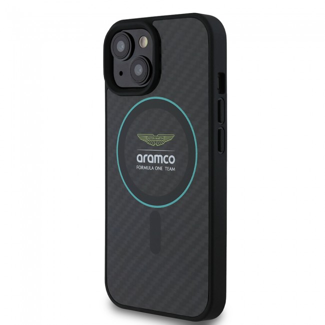 Apple iPhone 15 Kılıf Aston Martin Orjinal Lisanslı M-safe Şarj Özellikli Renkli Halka ve Karbon Fiber Tasarımlı Kapak