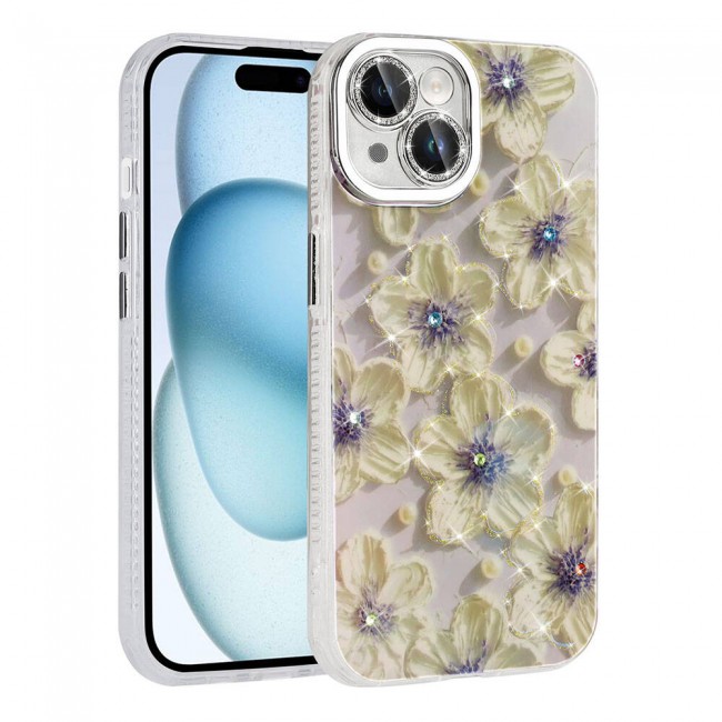 Apple iPhone 15 Kılıf Çiçek Desenli Parlak Taşlı Sert Silikon Zore Garden Kapak Apple iPhone 15 Kılıf Çiçek Desenli Parlak Taşlı Sert Silikon Zore Garden Kapak