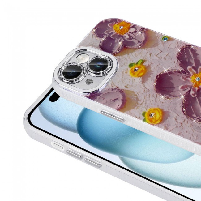 Apple iPhone 15 Kılıf Çiçek Desenli Parlak Taşlı Sert Silikon Zore Garden Kapak Apple iPhone 15 Kılıf Çiçek Desenli Parlak Taşlı Sert Silikon Zore Garden Kapak
