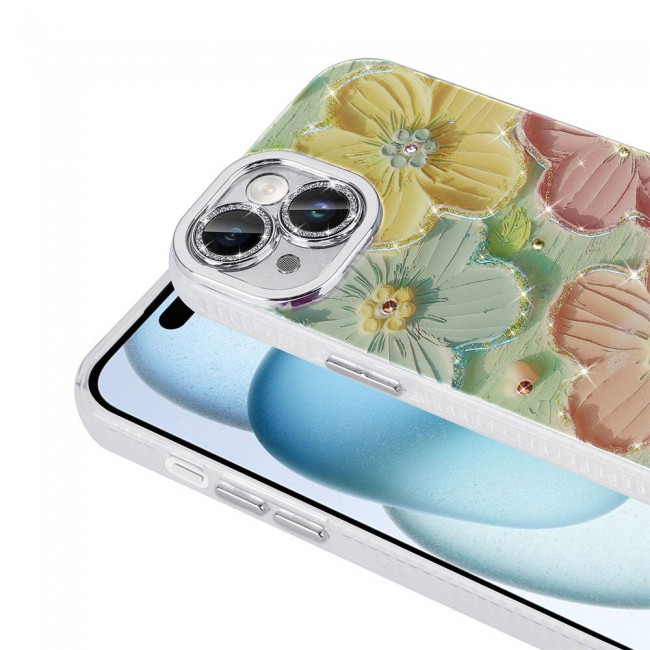 Apple iPhone 15 Kılıf Çiçek Desenli Parlak Taşlı Sert Silikon Zore Garden Kapak Apple iPhone 15 Kılıf Çiçek Desenli Parlak Taşlı Sert Silikon Zore Garden Kapak