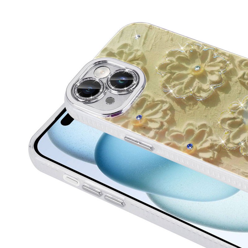 Bal-z Apple iPhone 15 Kılıf Çiçek Desenli Parlak Taşlı Sert Silikon  Garden Kapak