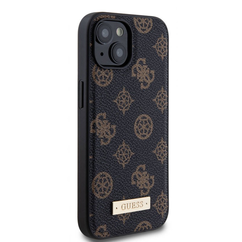 Bal-z Apple iPhone 15 Kılıf Guess M-safe Şarj Özellikli PU Deri Desenli Metal Plaka Logolu Kapak
