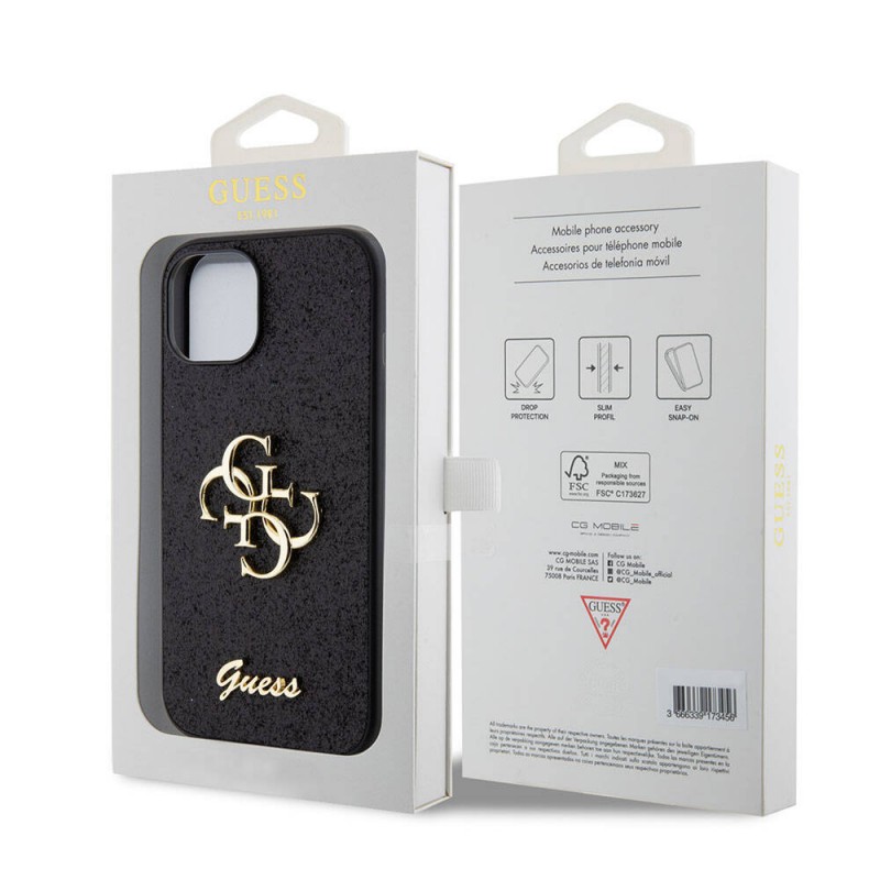 Bal-z Apple iPhone 15 Kılıf Guess Orjinal Lisanslı 4G Büyük Metal Logolu Glitter Kapak