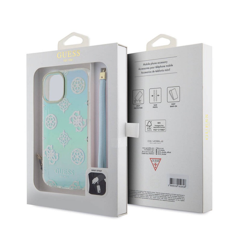 Bal-z Apple iPhone 15 Kılıf Guess Orjinal Lisanslı Desenli Yazı Logolu Askı İpli Holografik Glitter Peony Kapak