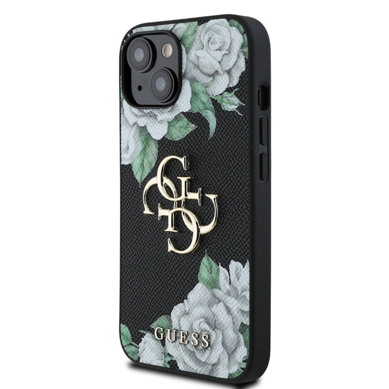 Bal-z Apple iPhone 15 Kılıf Guess Orjinal Lisanslı Gül Baskılı Büyük Metal Logo Dizaynlı Kapak