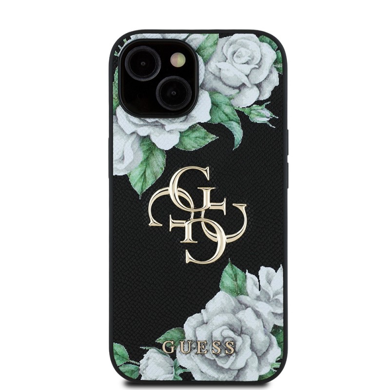 Bal-z Apple iPhone 15 Kılıf Guess Orjinal Lisanslı Gül Baskılı Büyük Metal Logo Dizaynlı Kapak