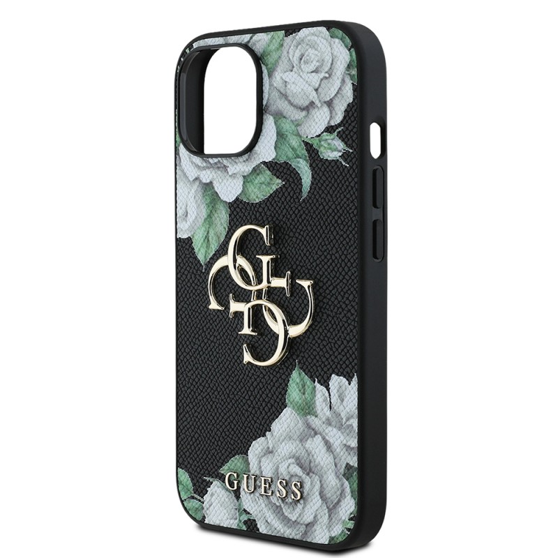 Bal-z Apple iPhone 15 Kılıf Guess Orjinal Lisanslı Gül Baskılı Büyük Metal Logo Dizaynlı Kapak