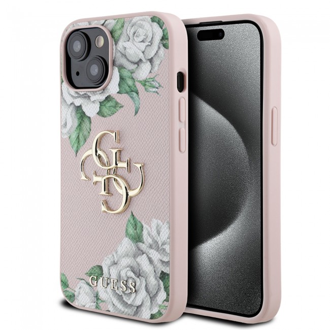 Apple iPhone 15 Kılıf Guess Orjinal Lisanslı Gül Baskılı Büyük Metal Logo Dizaynlı Kapak Apple iPhone 15 Kılıf Guess Orjinal Lisanslı Gül Baskılı Büyük Metal Logo Dizaynlı Kapak