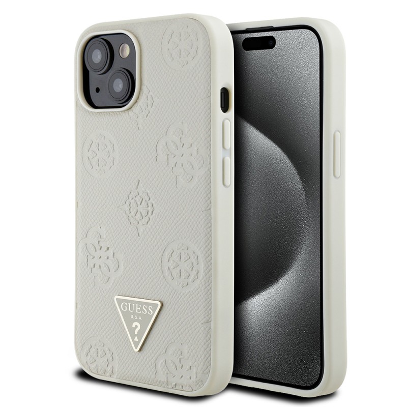 Bal-z Apple iPhone 15 Kılıf Guess Orjinal Lisanslı M-safe Şarj Özellikli Sıcak Baskılı Üçgen Logolu PU Deri Peony Kapak