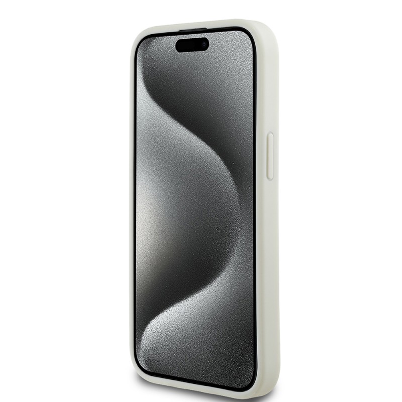 Bal-z Apple iPhone 15 Kılıf Guess Orjinal Lisanslı M-safe Şarj Özellikli Sıcak Baskılı Üçgen Logolu PU Deri Peony Kapak